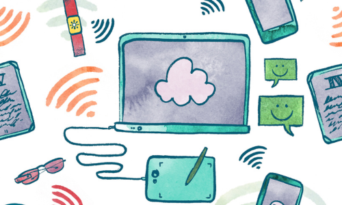 Stock image of computers, phones, message boards, and WIFI symbols